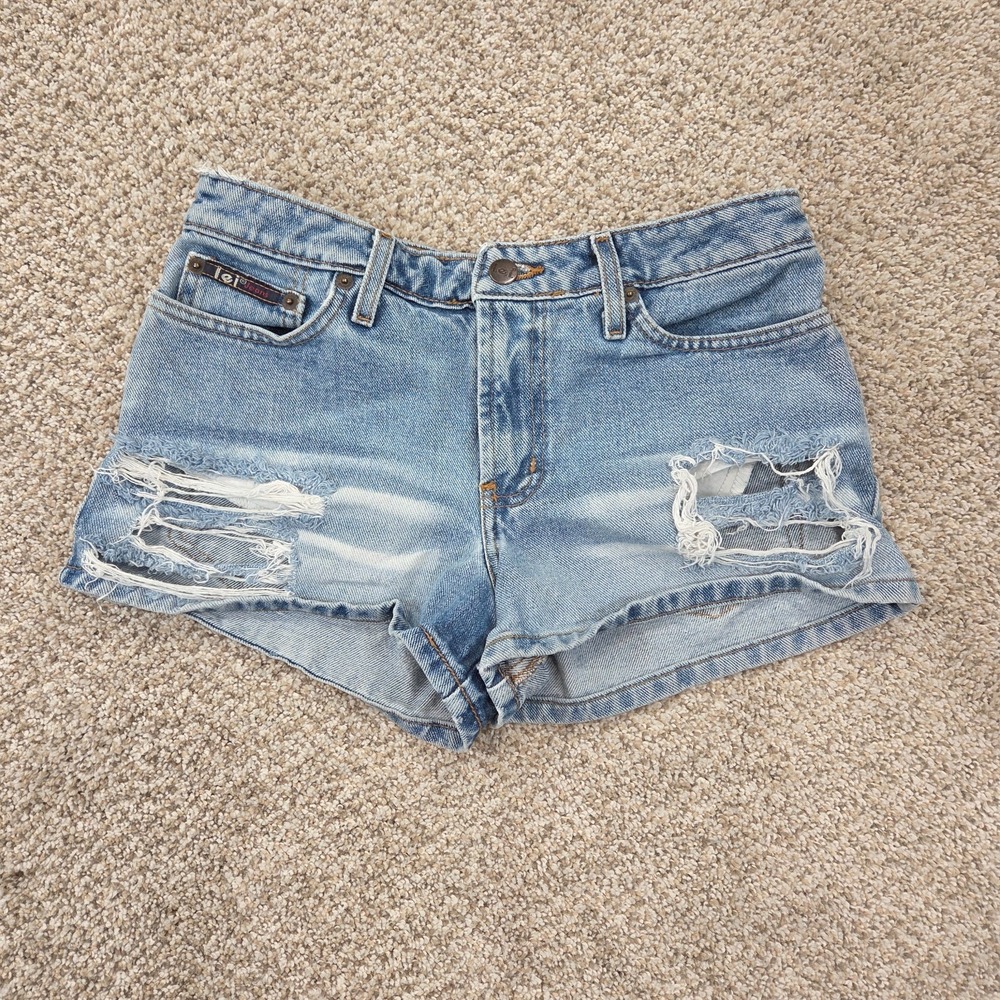 VTG Y2K l.e.i. lei Micro Mini Jean Shorts Distressed‎ Festival Denim Sz 3 / 28"